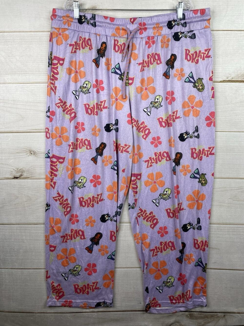Bratz Women's Sleep Pajama Pants Sz XXL Purple Floral Fleece Pull On Cozy Boho
